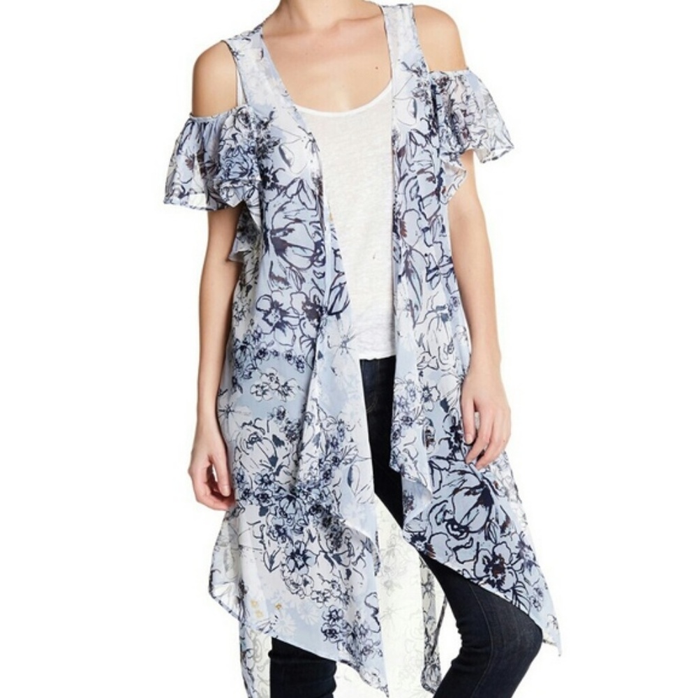 BCBG Floral Sheer Cold Shoulder Duster
